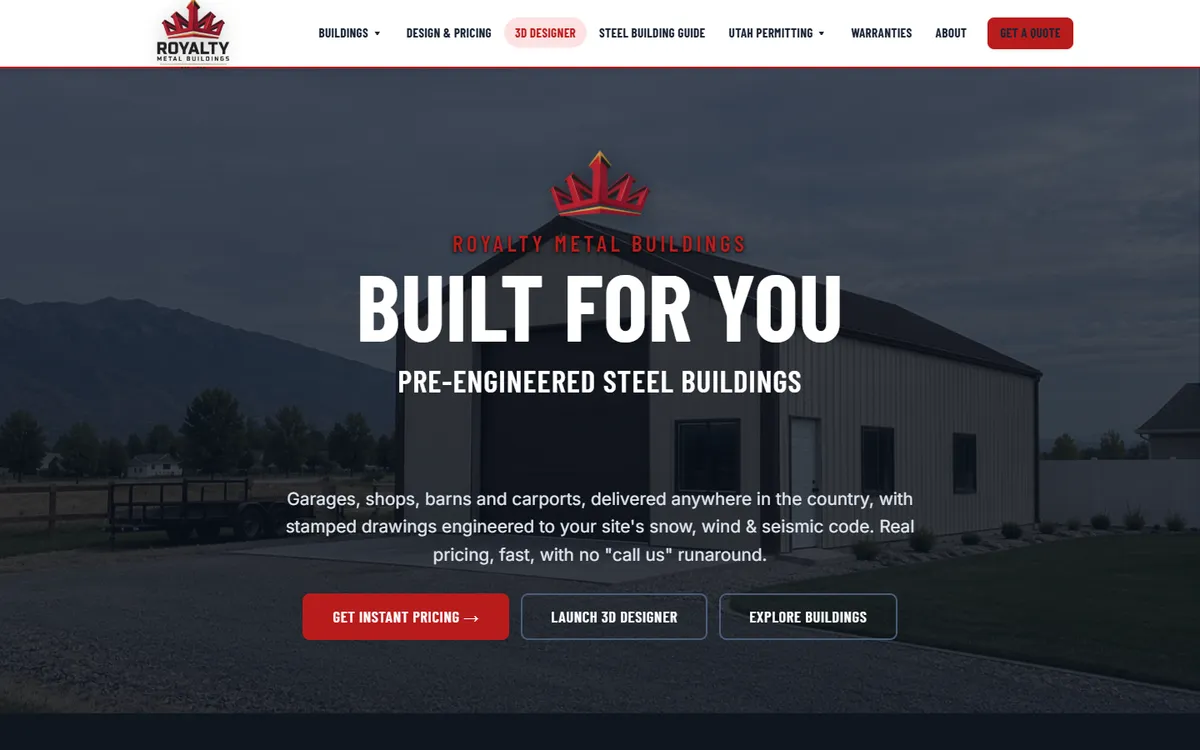 Royalty Metal Buildings homepage on desktop